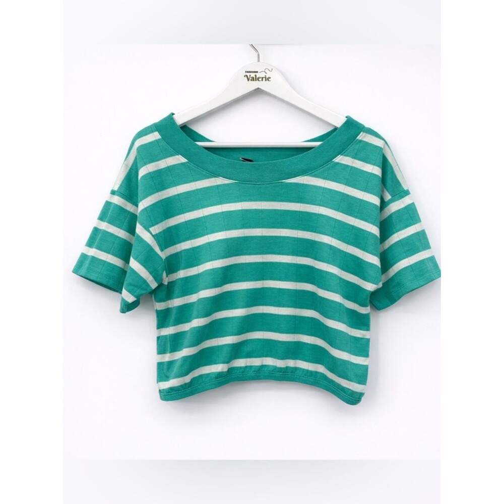 New Departures Marina Striped Top Green Blue Coastal Size Large Cotton Blend